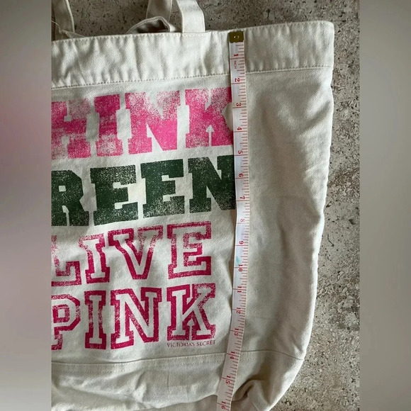 VINTAGE VICTORIA SECRET PINK CANVAS “THINK GREEN LIVE PINK” LOGO TOTE BAG - Picture 3 of 7